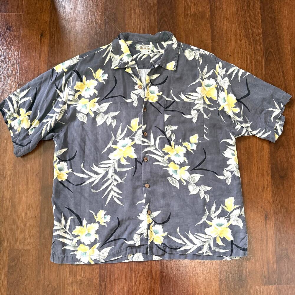 Vintage Tommy Bahama Men's 100% Silk Hawaiian Shirt Gray XL Tropical Resort Dad